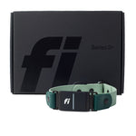 Green dog collar in front of a black box with 'fi' branding on a white background