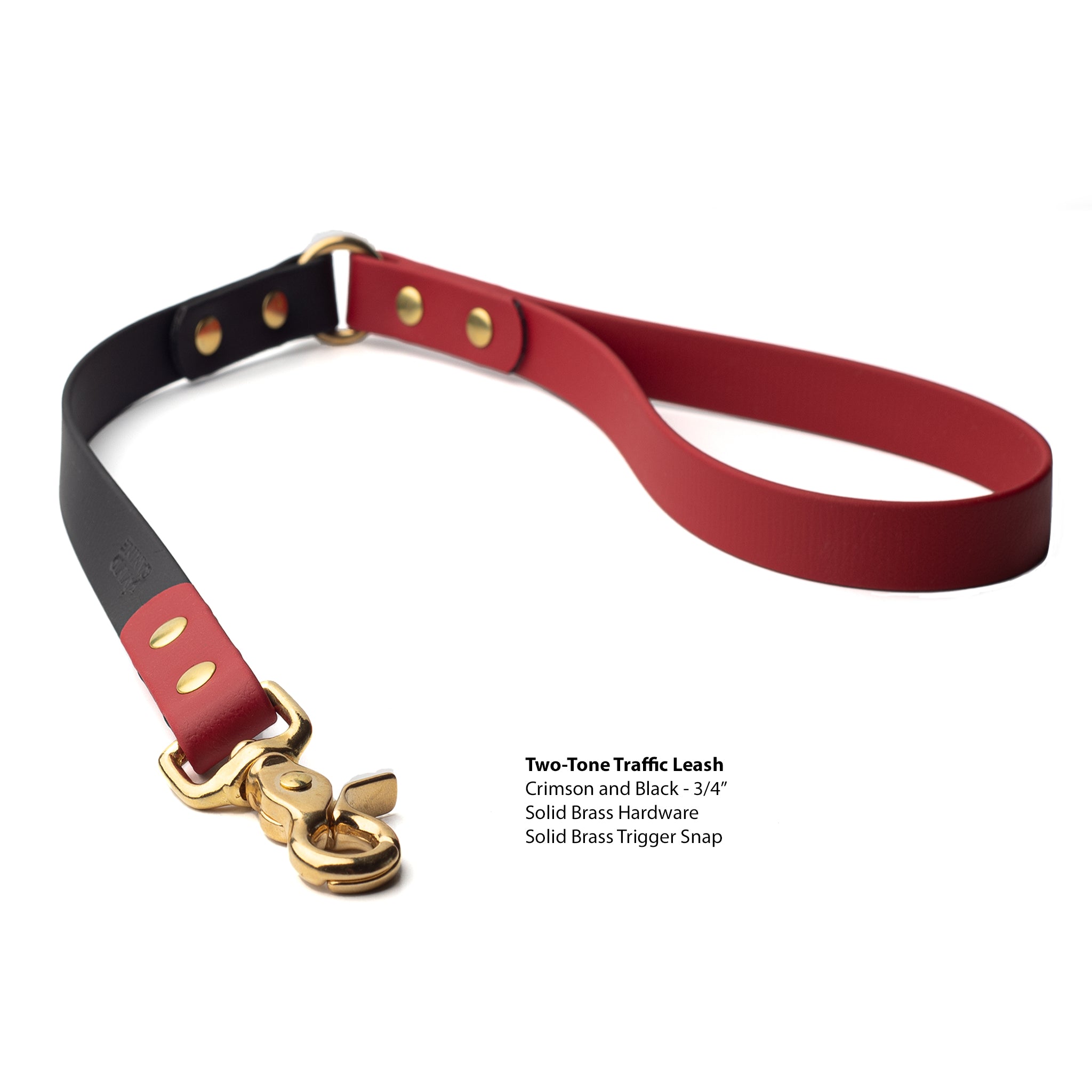 Two-Tone Biothane traffic leash in crimson and black with solid brass hardware and trigger snap with product details on a white background