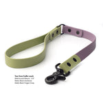 Two-Tone Biothane traffic leash in mauve and lime with matte black hardware and trigger snap with product details on a white background
