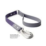 Two-Tone Biothane traffic leash in purple and periwinkle with nickel-plated hardware and aluminum carabiner with product details on a white background