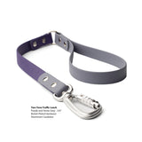Two-Tone Biothane traffic leash in purple and periwinkle with nickel-plated hardware and aluminum carabiner with product details on a white background