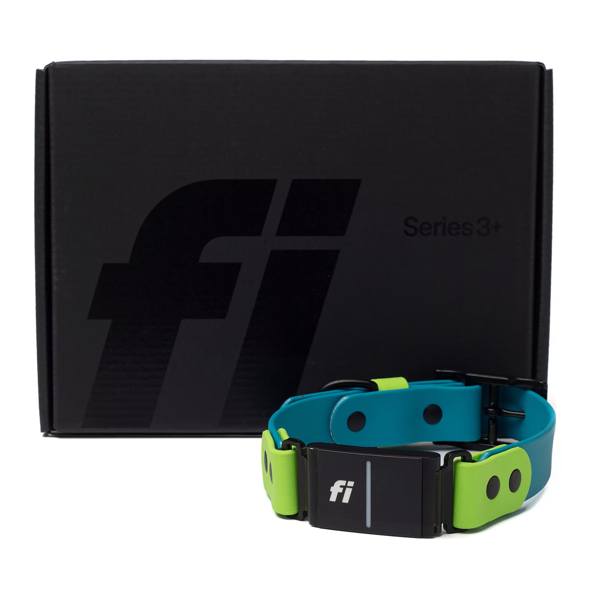 Fi Series 3+ GPS collar bundle — black Fi box with blue and green BioThane® inline dog collar on white background