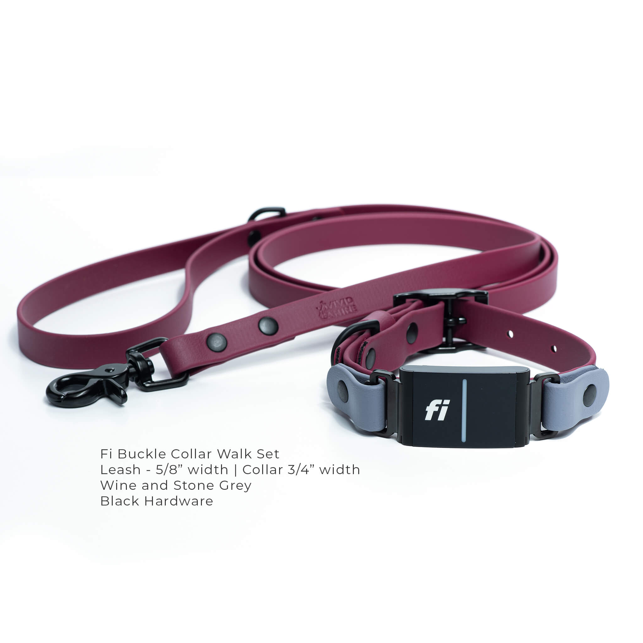 Waterproof BioThane Fi Series 3/3+  buckle collar and leash set in wine and stone grey colors with black hardware. Showing   5/8" inch leash and 3/4" width collar