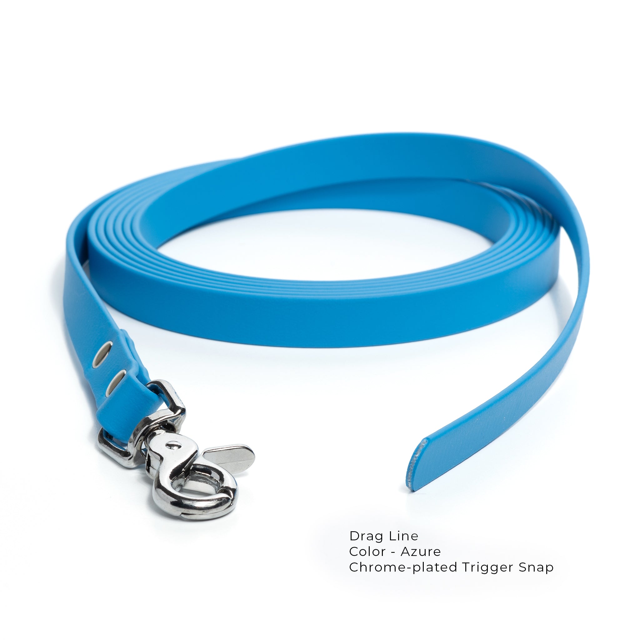 An azure blue biothane drag line with a chrome plated trigger snap coiled on a white background.