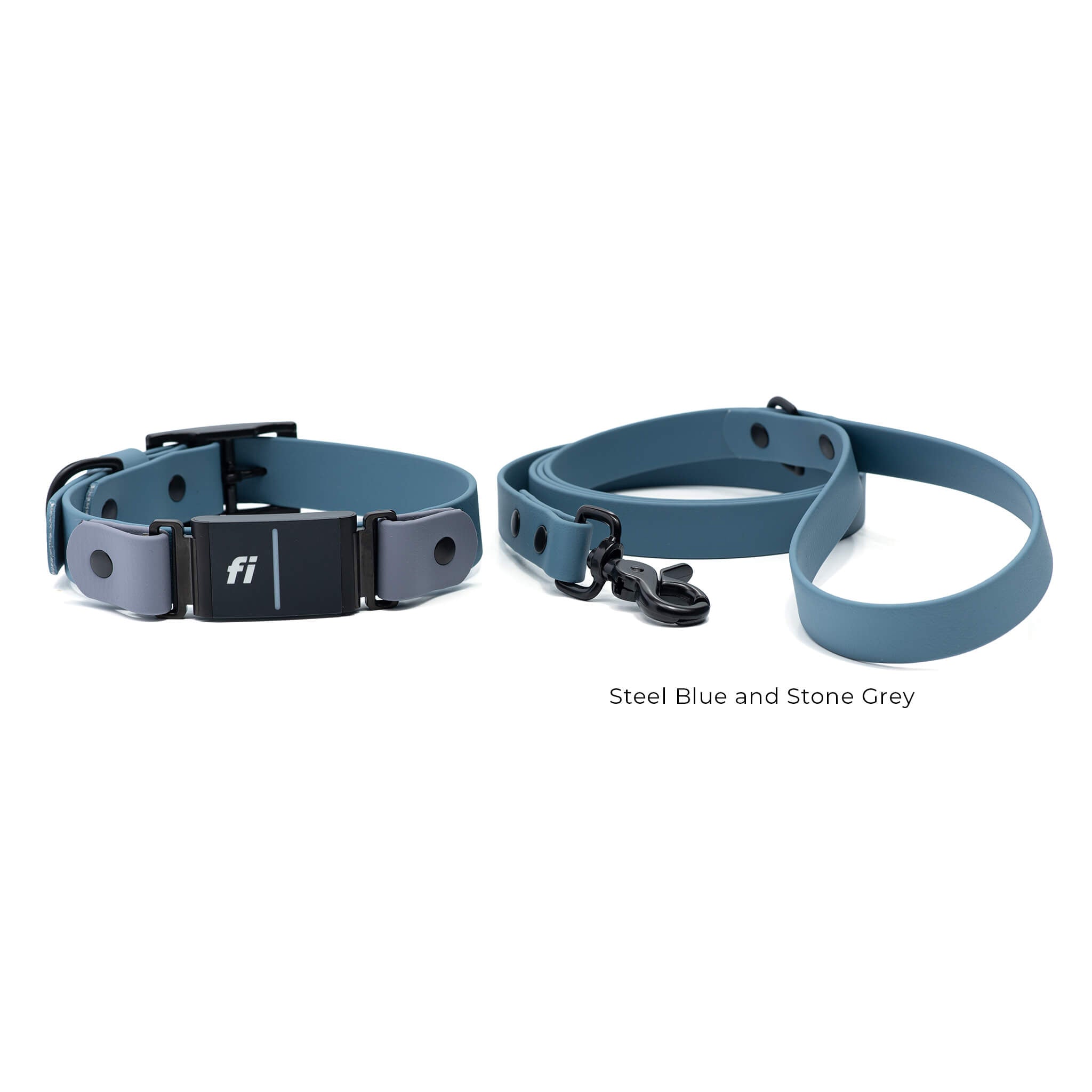 Waterproof BioThane Fi Series 3/3+  buckle collar and leash set in steel blue and stone grey colors with black hardware. Showing   3/4" inch leash and 1" width collar