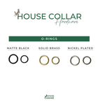 a collection of o-rings in three different styles: matte black, solid brass, and nickel plated.