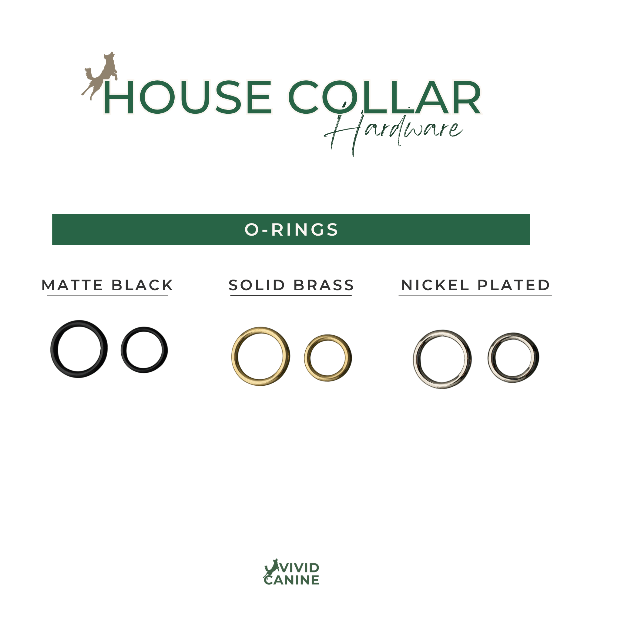 a collection of o-rings in three different styles: matte black, solid brass, and nickel plated.