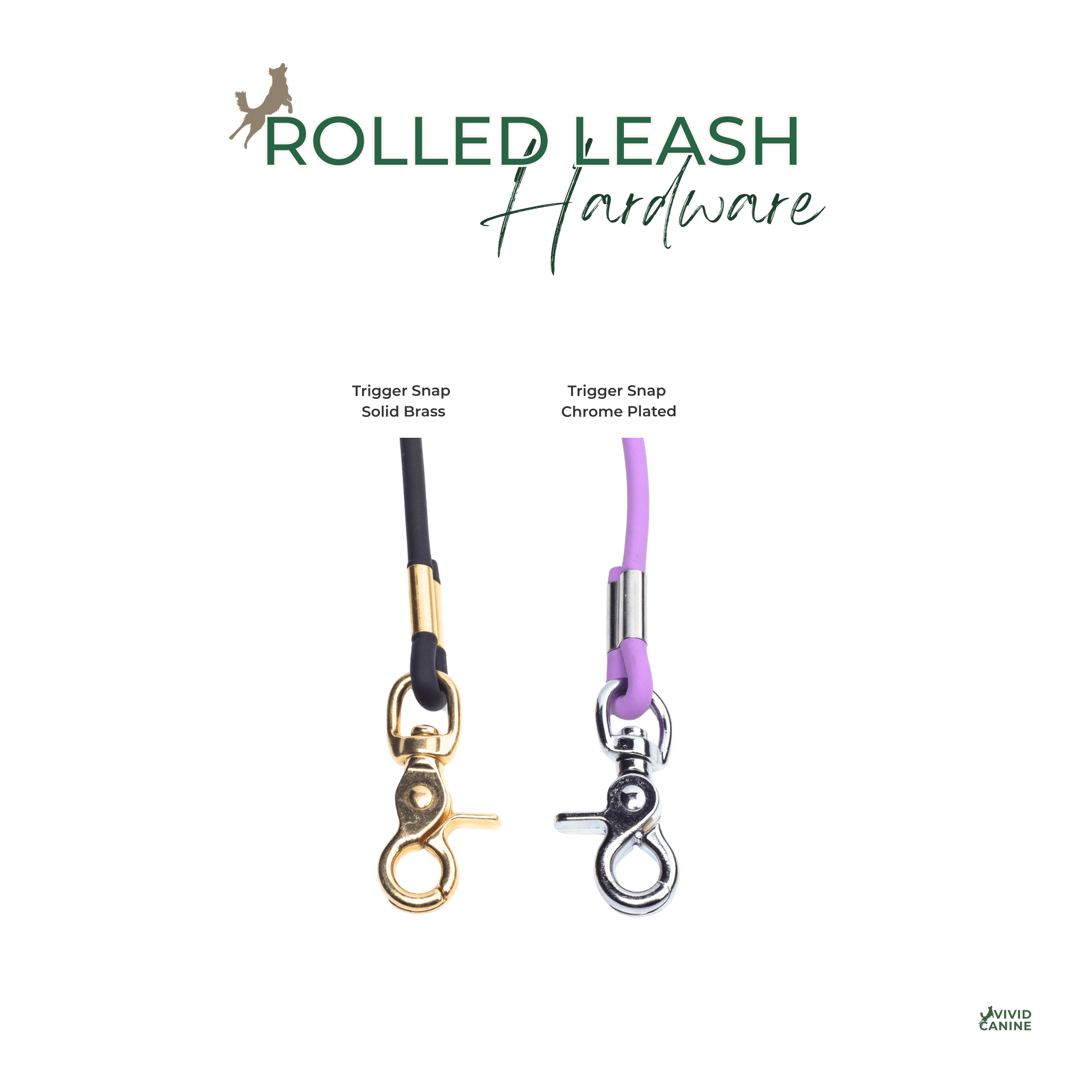 BioThane rolled leash hardware in brass and chrome finishes on a white background
