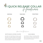 Vivid Canine BioThane®  fi quick-release dog collar hardware options - brass, black, and nickel-plated d-rings