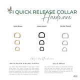 Vivid Canine BioThane®  fi quick-release dog collar hardware options - brass, black, and nickel-plated d-rings