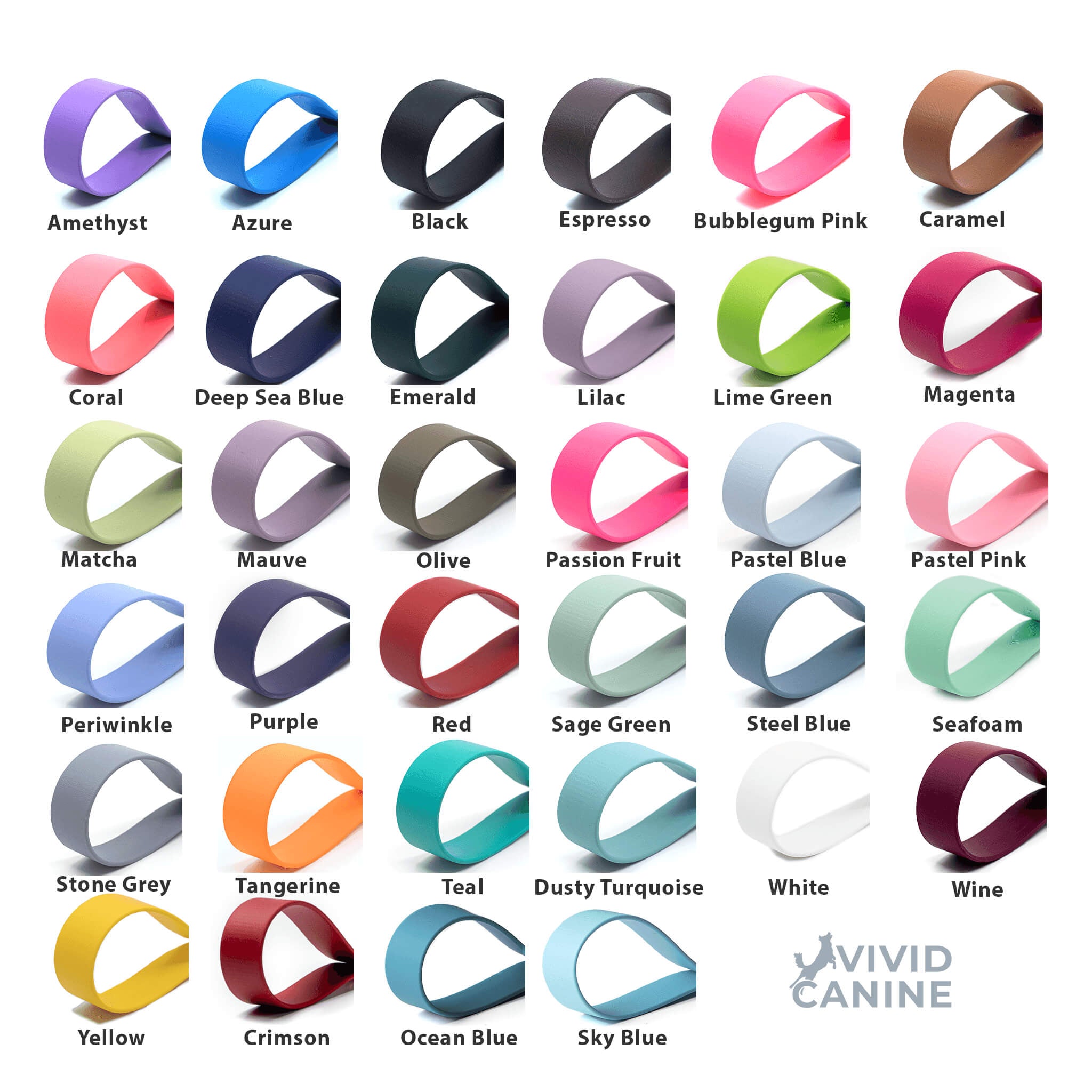 Vivid Canine BioThane® color chart showing all available color options for BioThane® Gear