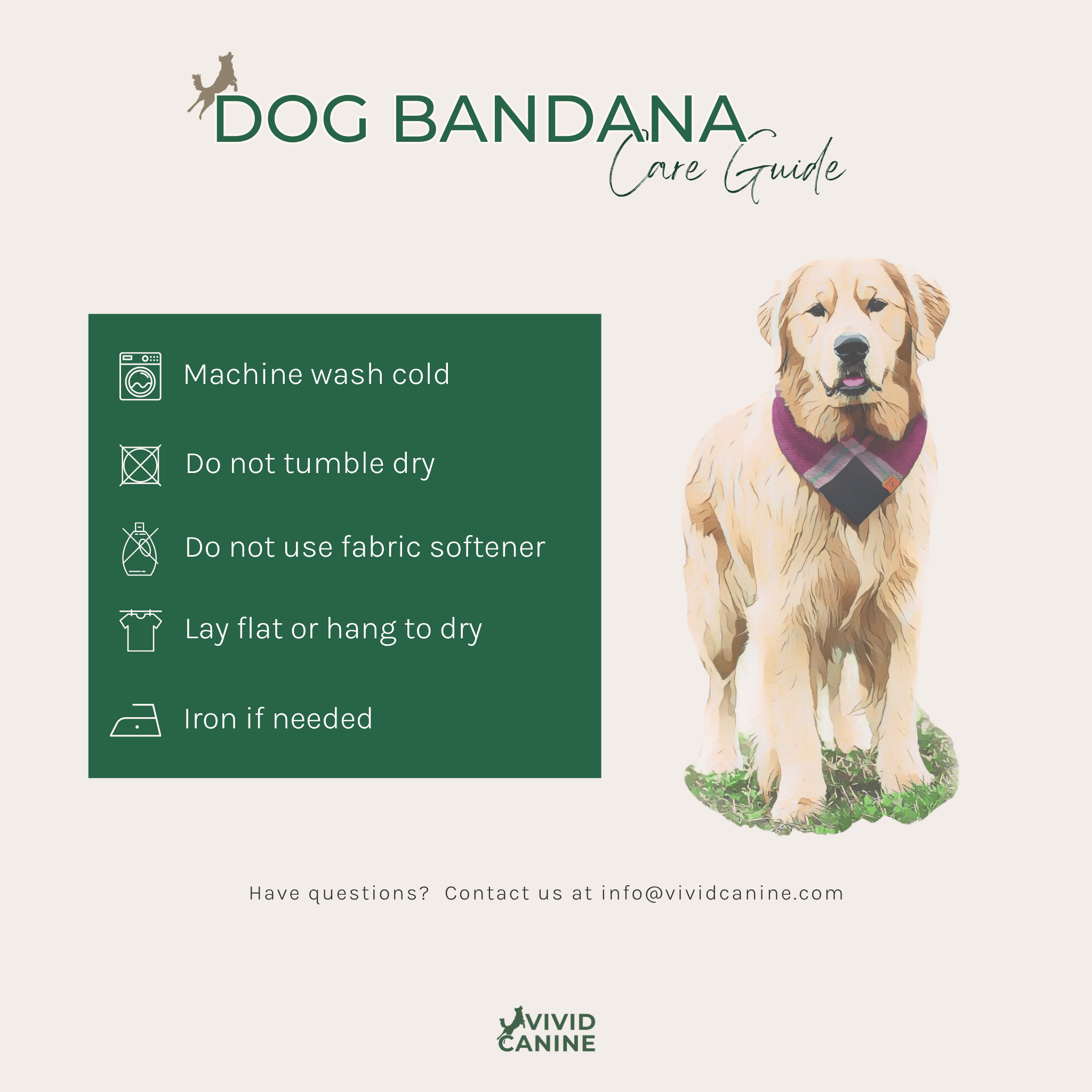 The image is a care guide for a dog bandana, providing instructions on how to properly care for the bandana.