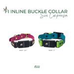 Two Fi Inline Buckle Collars showing size comparison between 3/4 inch and 1 inch widths.