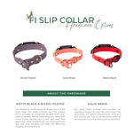 three different types of pet collars, each with distinct colors and materials.