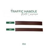 two rectangular brown leather handles, one 3/4" wide and the other 5/8" wide, with a green traffic hand label indicating the width comparison.