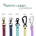 a collection of five different types of dog leashes, each with a unique color and design, arranged in a row.