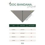 The image is a size guide for dog bandanas, providing measurements for different neck sizes and corresponding top to point measurements.