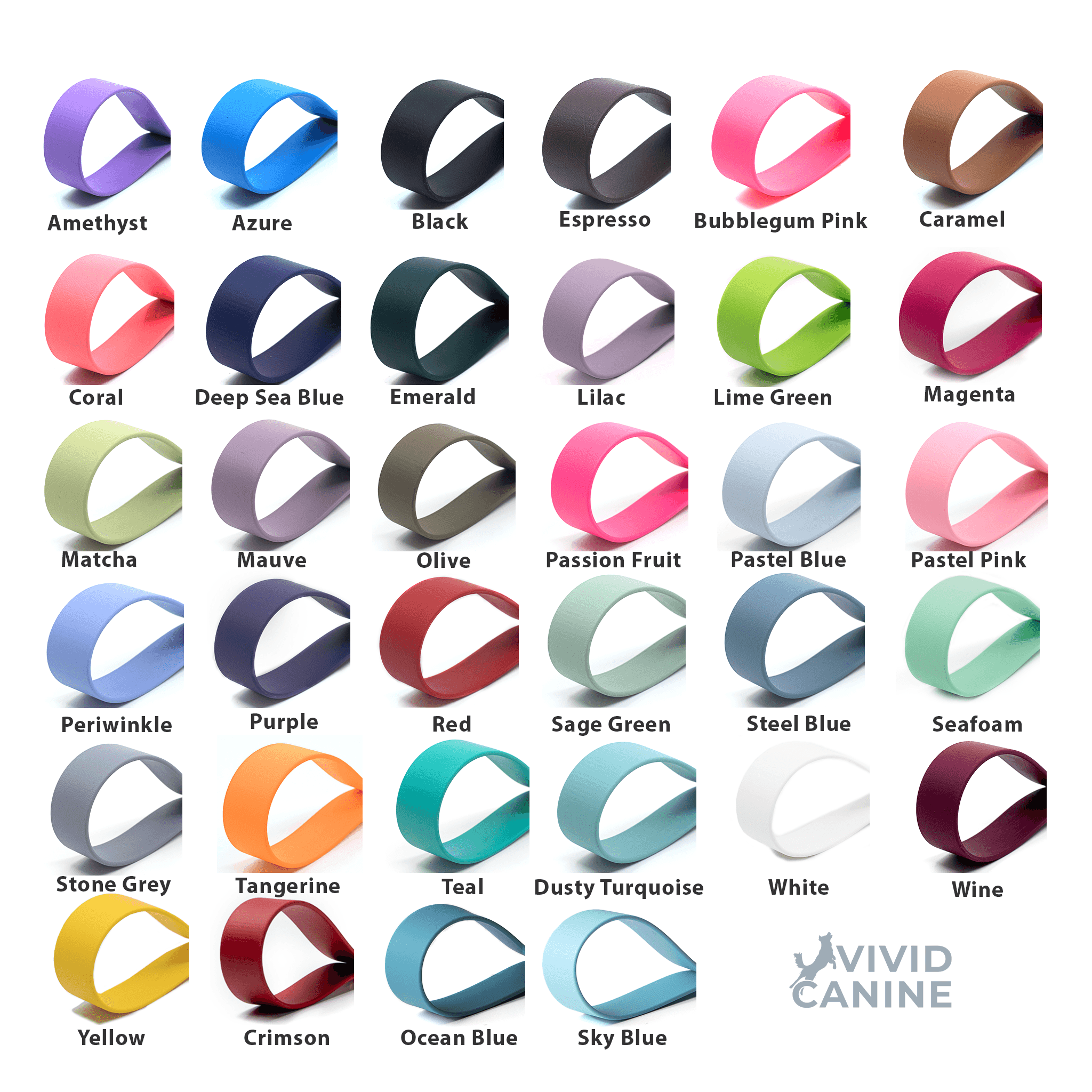 Vivid Canine BioThane® color chart showing all available color options for BioThane® Gear