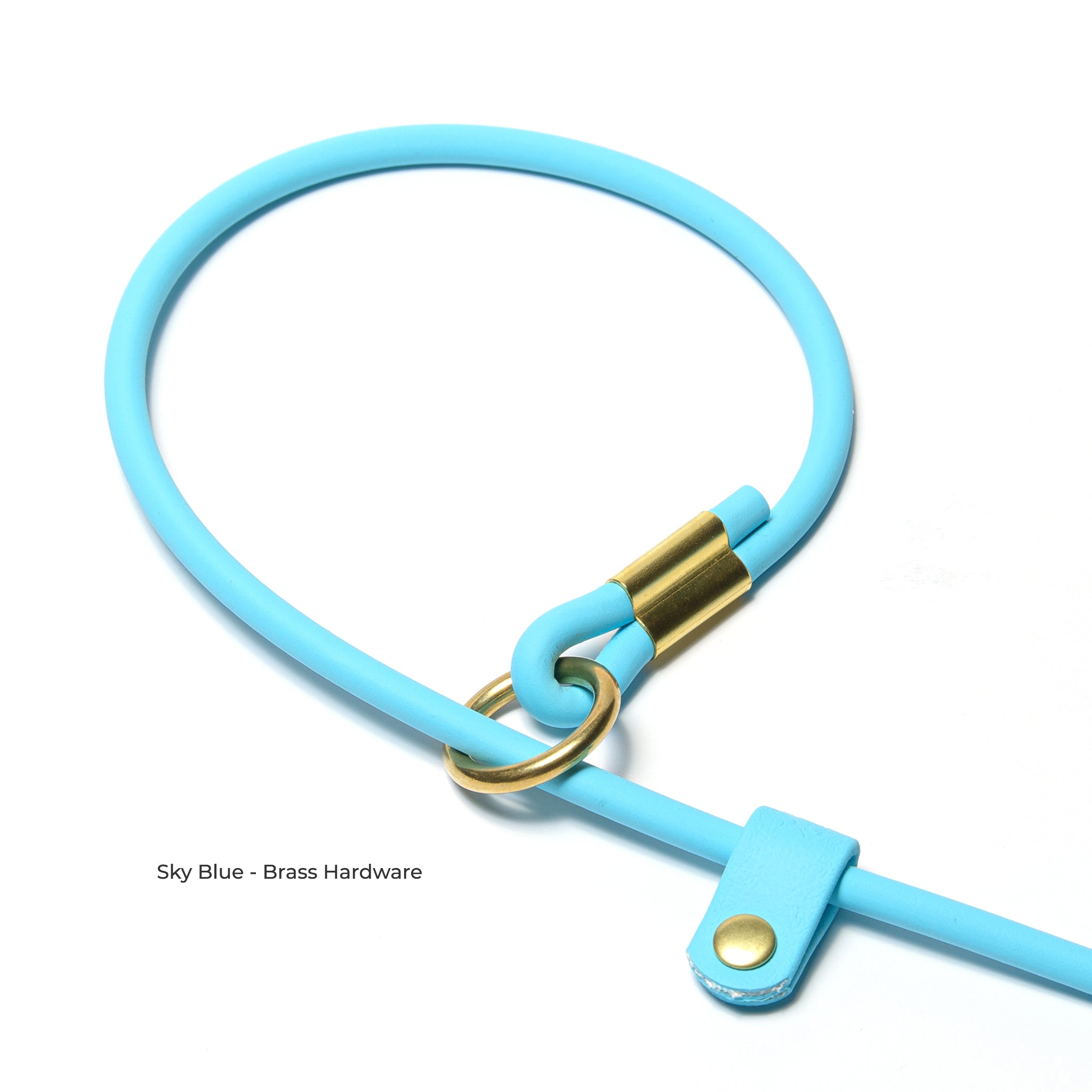 Close-up of a rolled BioThane slip lead with brass hardware. Waterproof design by Vivid Canine