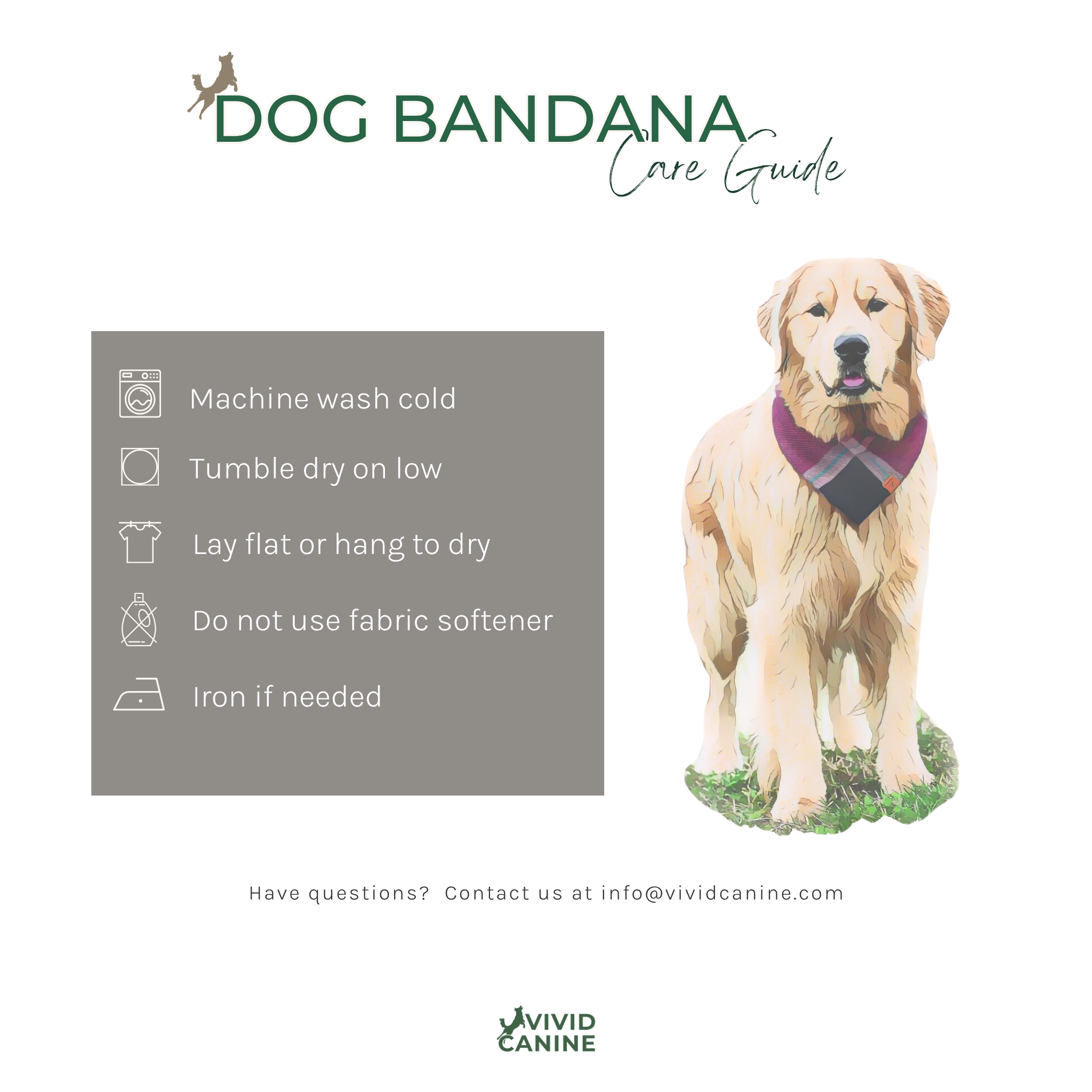 The image is a care guide for a dog bandana, providing instructions on how to properly care for the bandana.