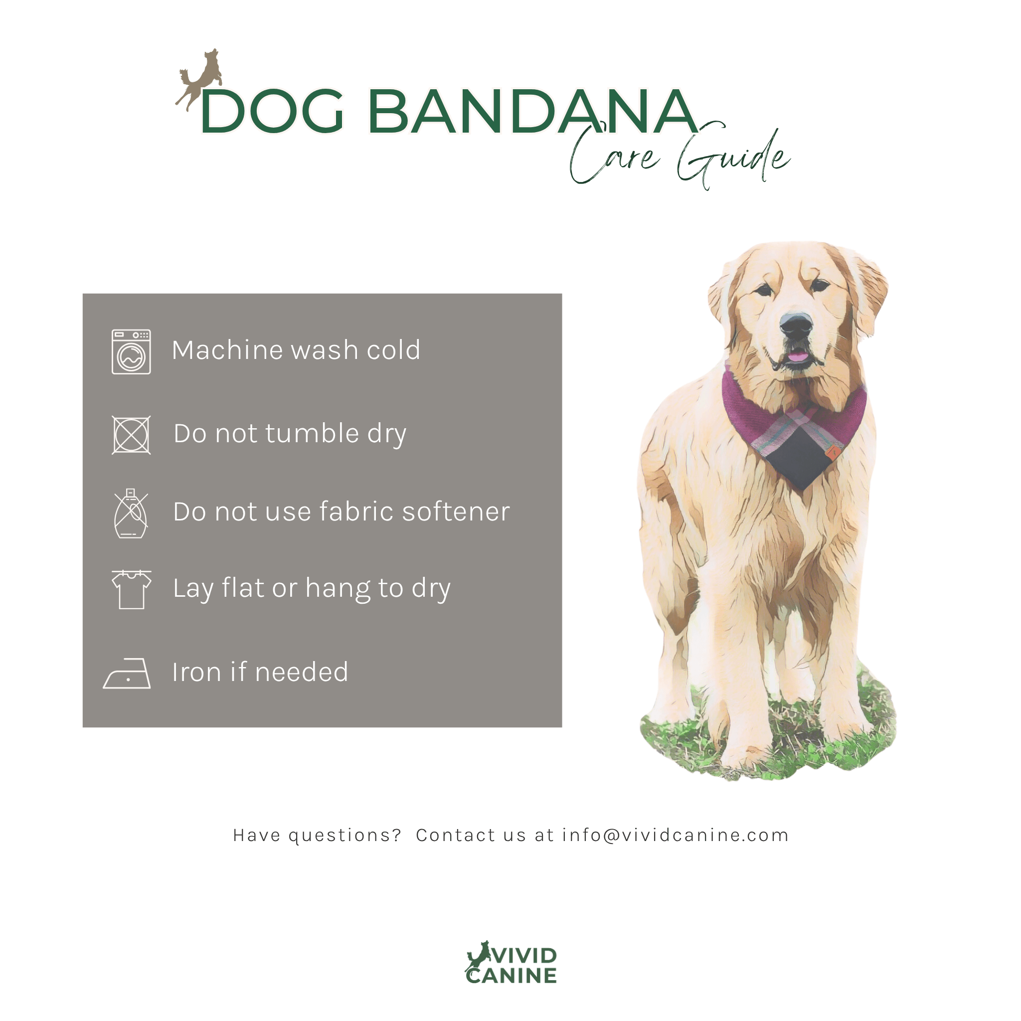 The image is a care guide for a dog bandana, providing instructions on how to properly care for the bandana.