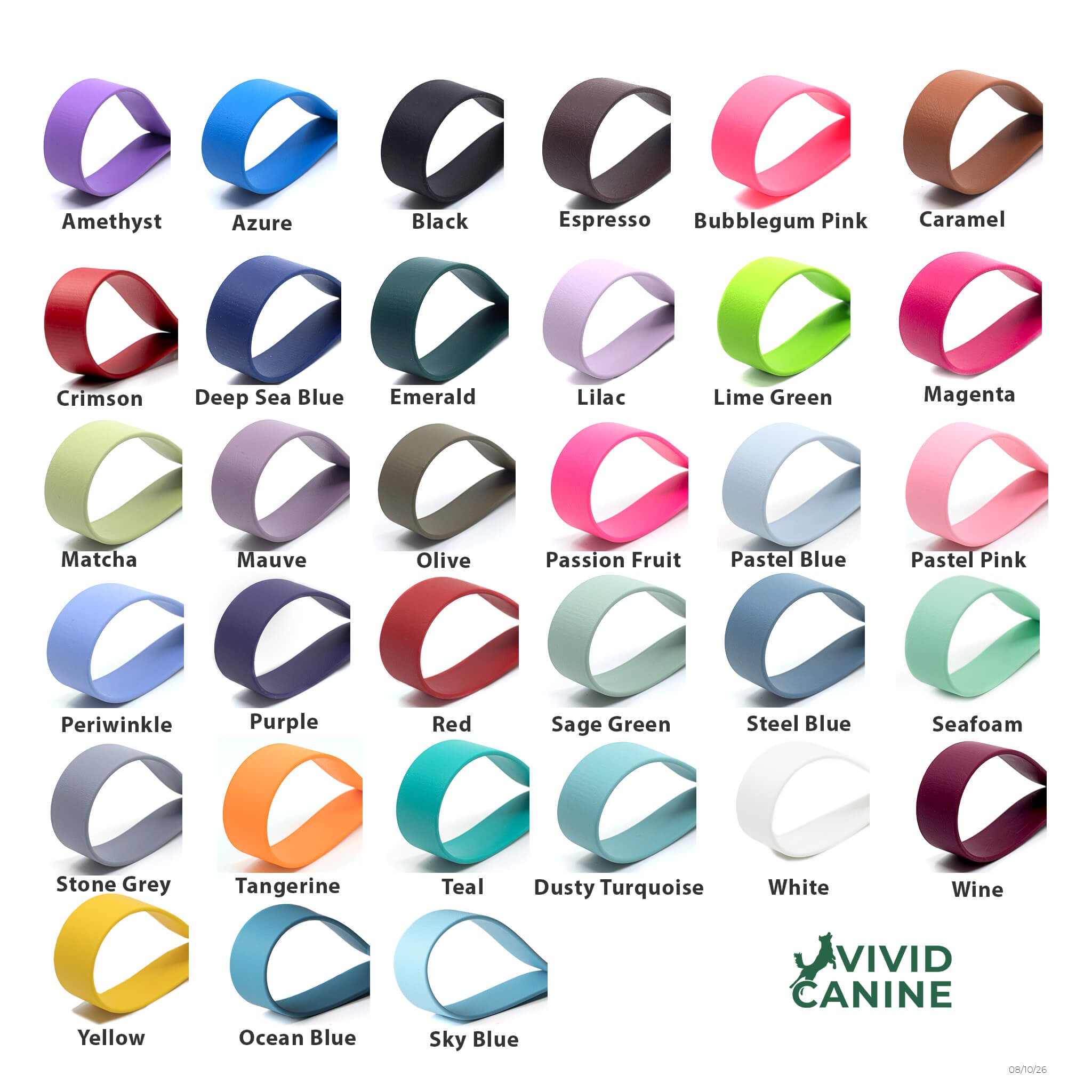 Vivid Canine BioThane® color chart showing all available color options for BioThane® Gear