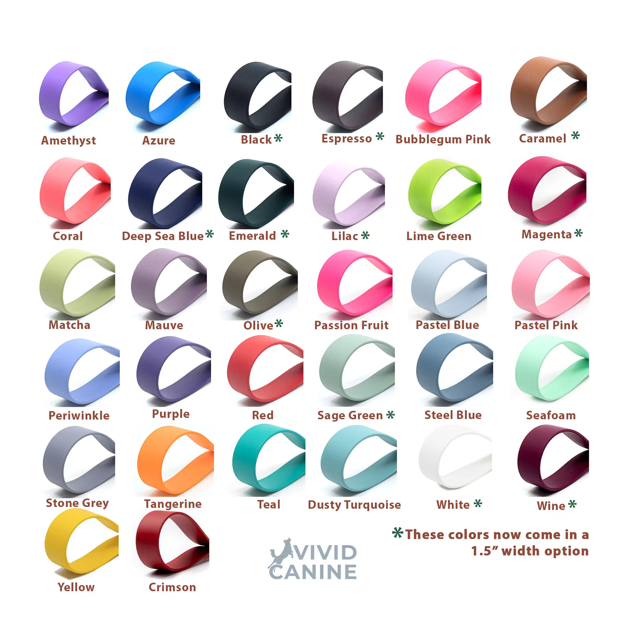BioThane waterproof dog collar and leash color chart - available colors and options - Vivid Canine