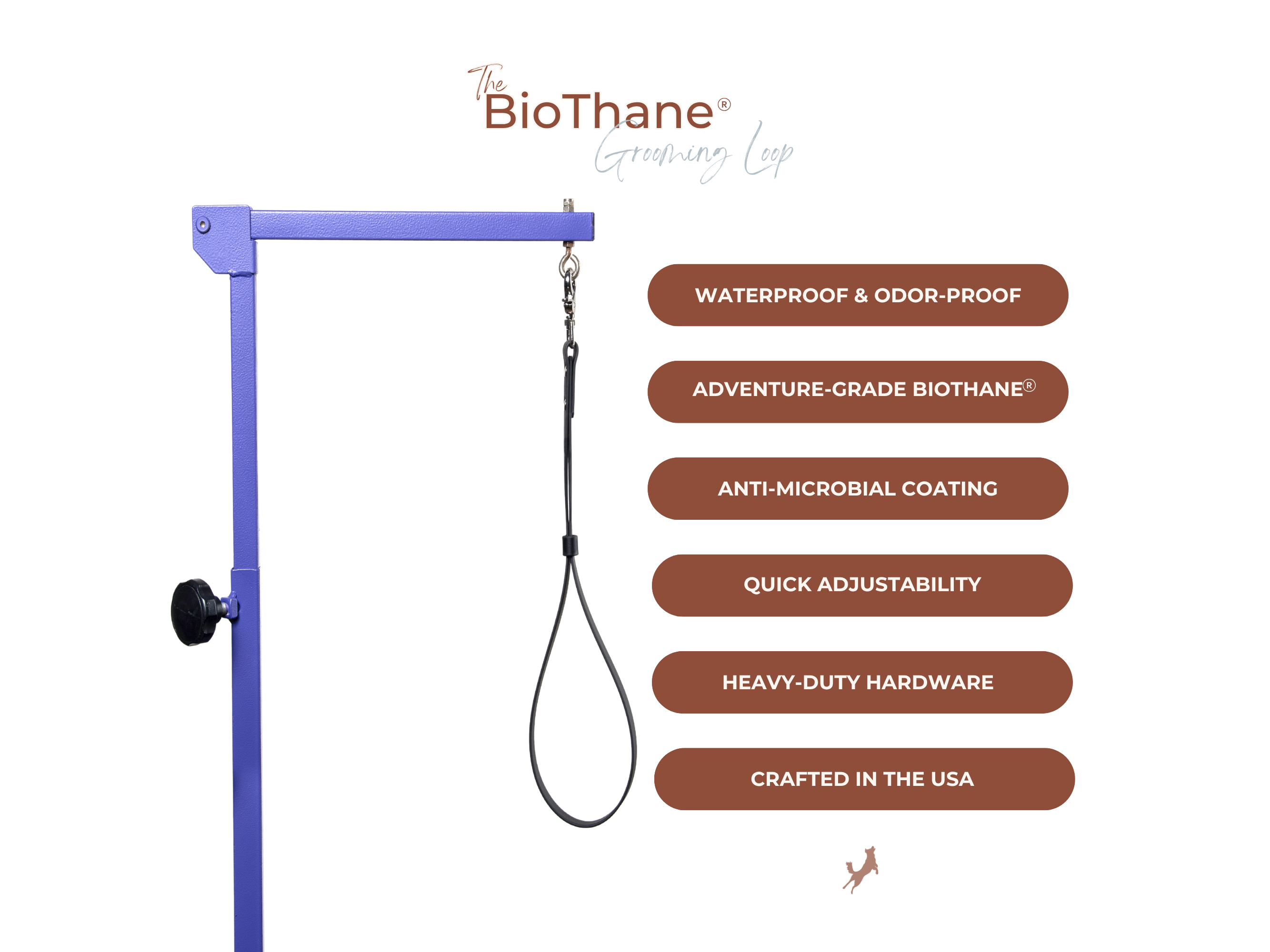 BioThane® slip-style grooming loop with product feature callouts — waterproof and easy to clean