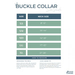 The image is a size guide for dog collars, providing measurements for different neck sizes and corresponding collar styles.