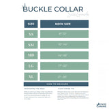 The image is a size guide for dog collars, providing measurements for different neck sizes and corresponding collar styles.