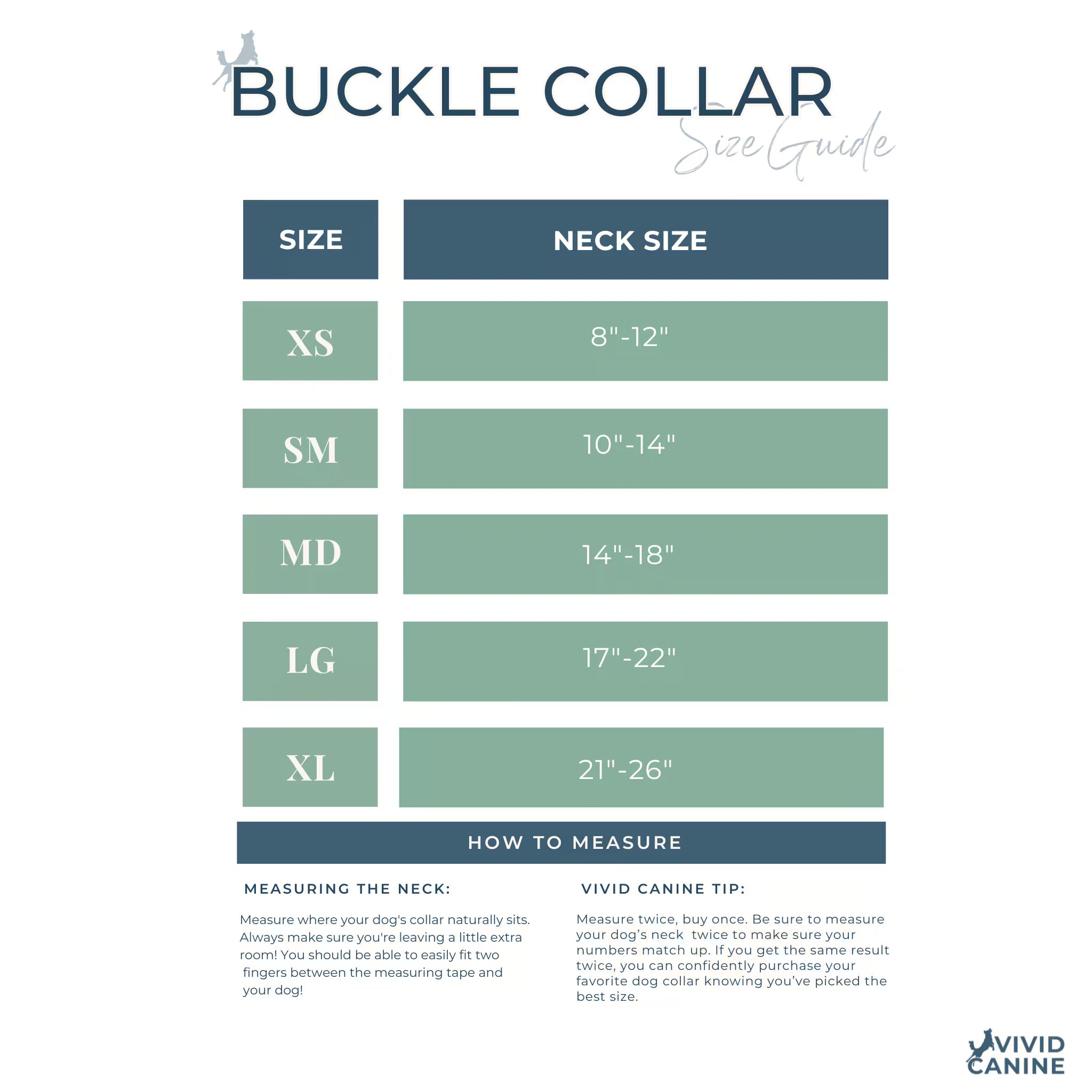 The image is a size guide for dog collars, providing measurements for different neck sizes and corresponding collar styles.