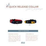 Fi Quick Release Collar size comparison chart and Vivid Canine branding.