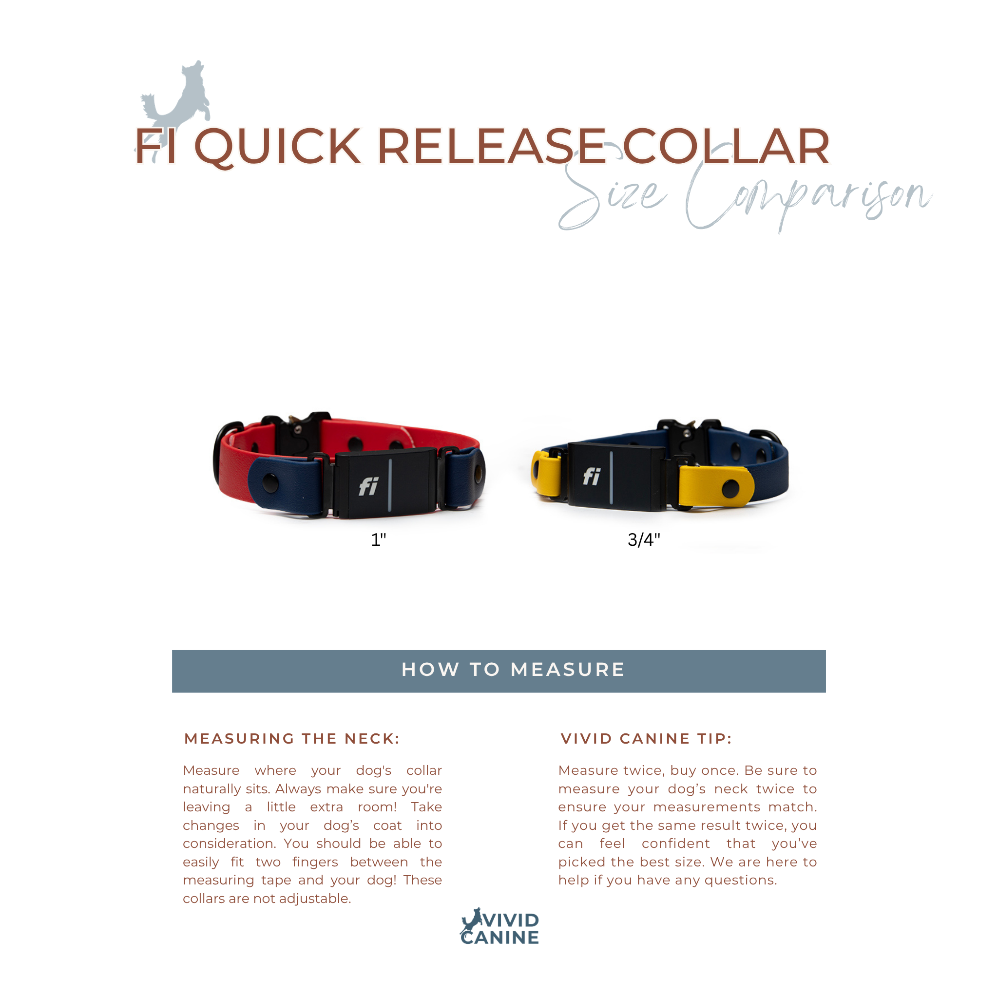 Fi Quick Release Collar size comparison chart and Vivid Canine branding.