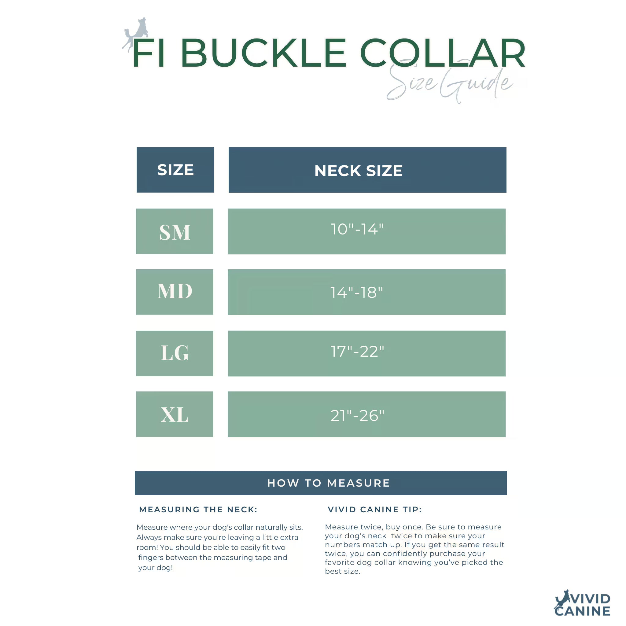 Size guide for FI Buckle Collar with neck size measurements.