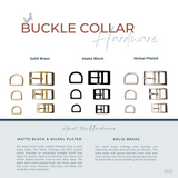 Vivid Canine BioThane® buckle dog collar hardware options - brass, black, and nickel-plated buckles for BioThane® Collar Gear
