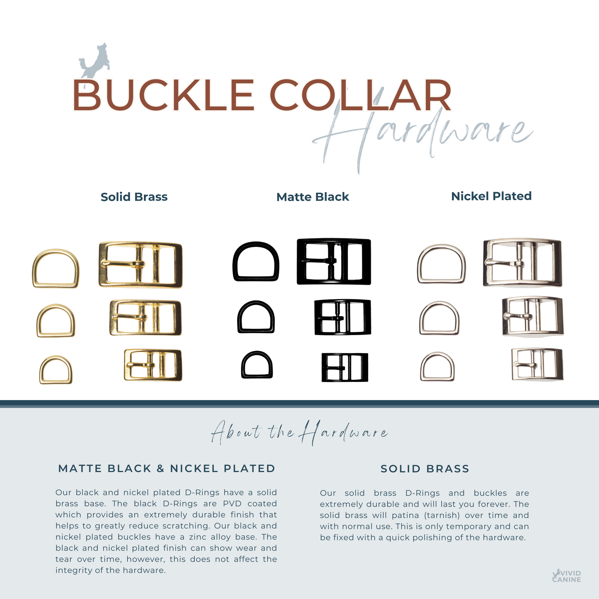 Vivid Canine BioThane® buckle dog collar hardware options - brass, black, and nickel-plated buckles for BioThane® Collar Gear