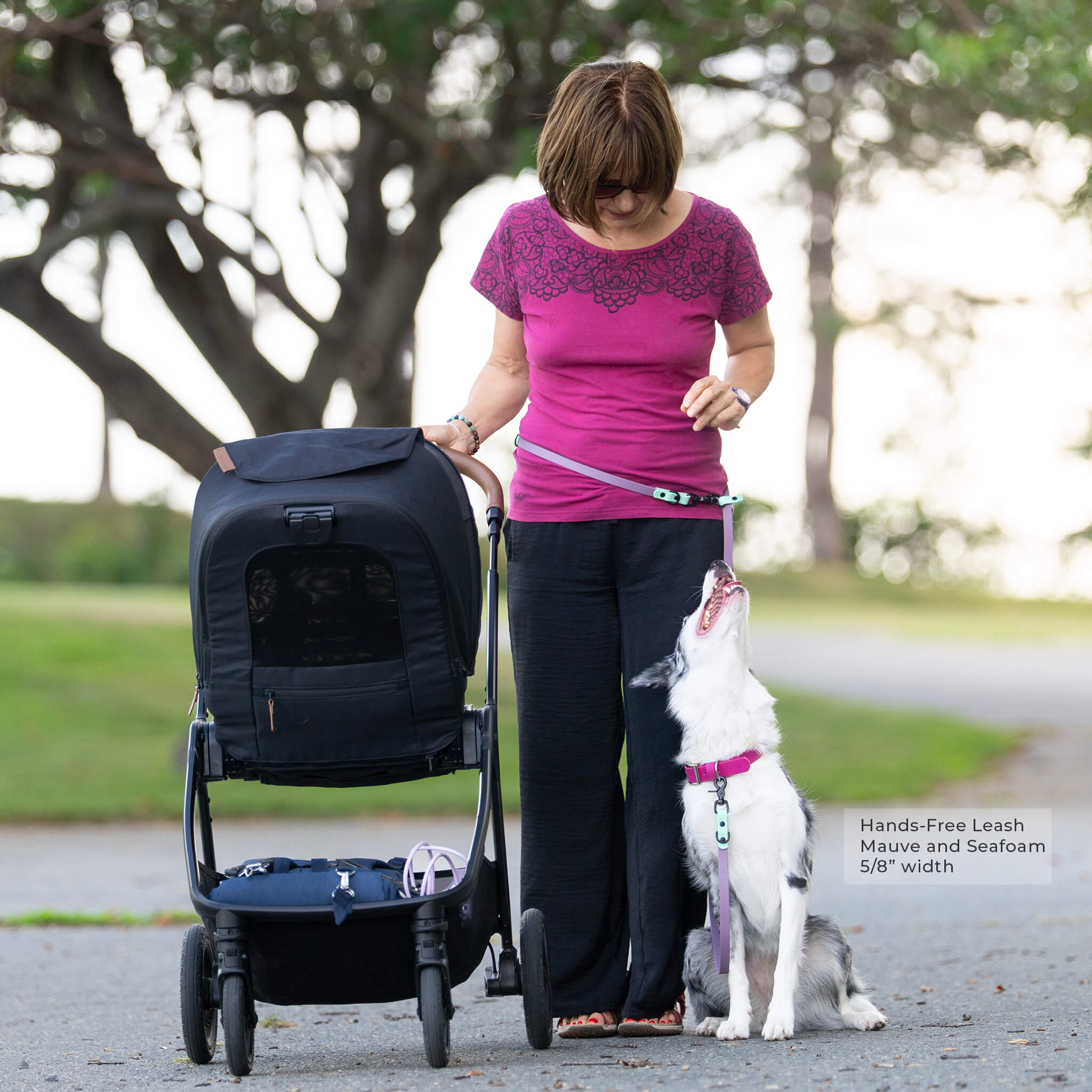 Woman using a biothane hands free leash in mauve and seafoam colors attached to a dog sitting next to her.  Leash is 5/8" width