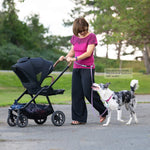 Woman walking a dog using a biothane hands free leash in mauve and seafoam colors.  Leash is 5/8" width