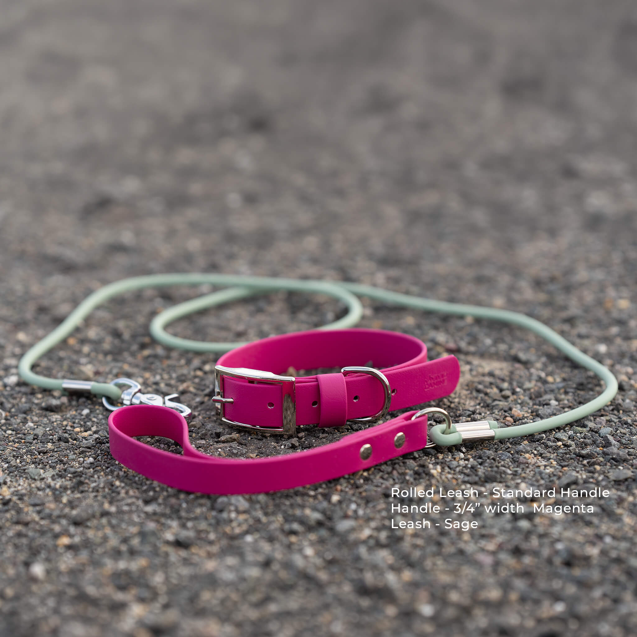 A rolled magenta pink biothane collar and matching sage green biothane rolled leash with silver hardware, placed on a textured gray asphalt surface. White text in the lower right corner reads 'Rolled Leash - Standard Handle - Handle - 3/4 width - Magenta - Leash - Sage.
