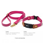 Waterproof BioThane Fi Series 3/3+  buckle collar and leash set in magenta and caramel colors with black hardware with brass trigger snap
