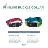 Two dog collars with size comparison and measurement instructions on a white background.