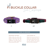Size comparison chart for FI Buckle Collars with measurements and Vivid Canine branding.