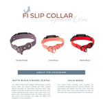 Three slip collars in different colors with descriptions of hardware options on a white background.