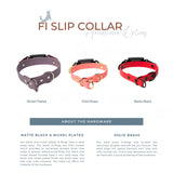 Three slip collars in different colors with descriptions of hardware options on a white background.
