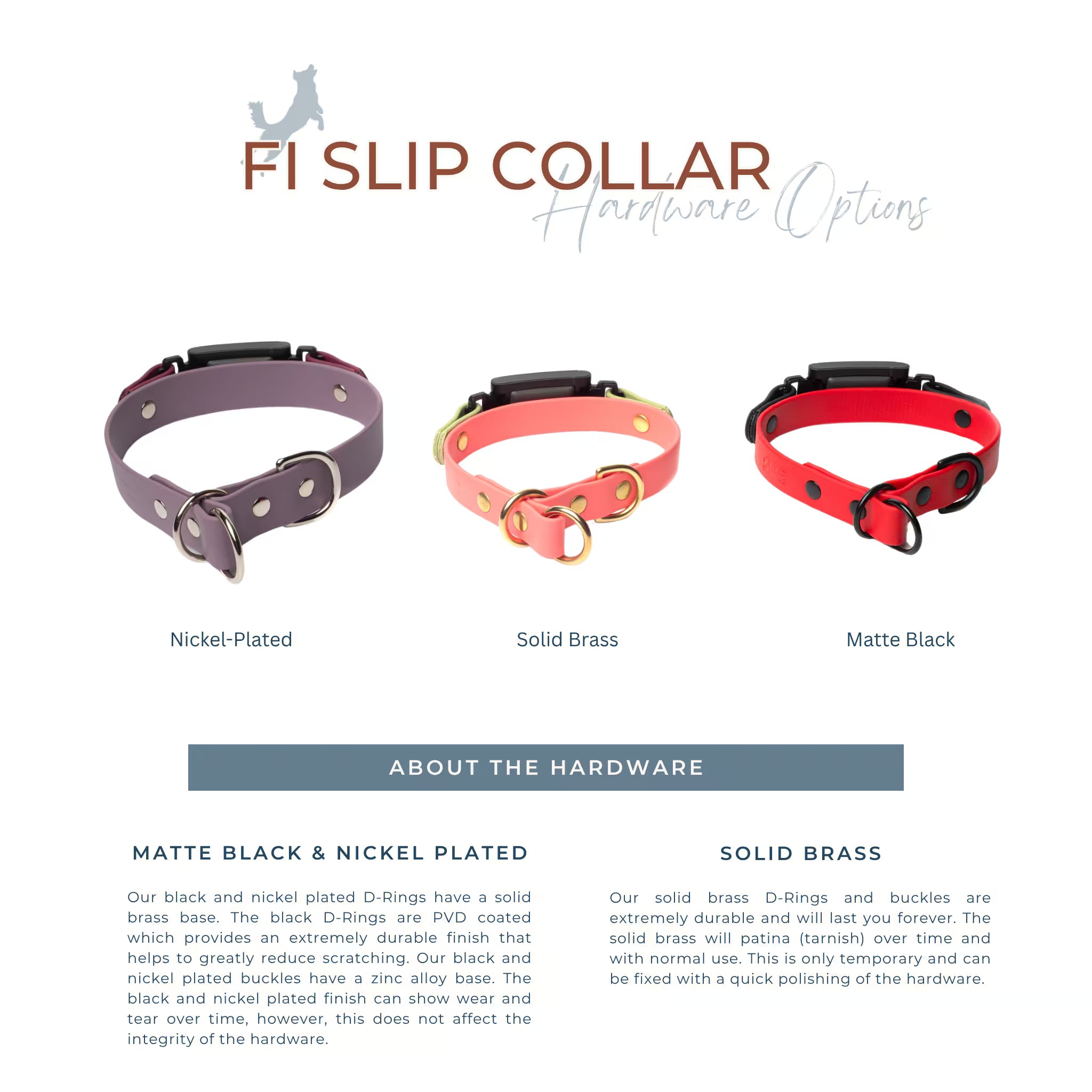 Three slip collars in different colors with descriptions of hardware options on a white background.