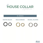 Vivid Canine BioThane® house dog collar hardware options - brass, black, and nickel-plated on a white background
