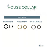 Vivid Canine BioThane® house dog collar hardware options - brass, black, and nickel-plated on a white background