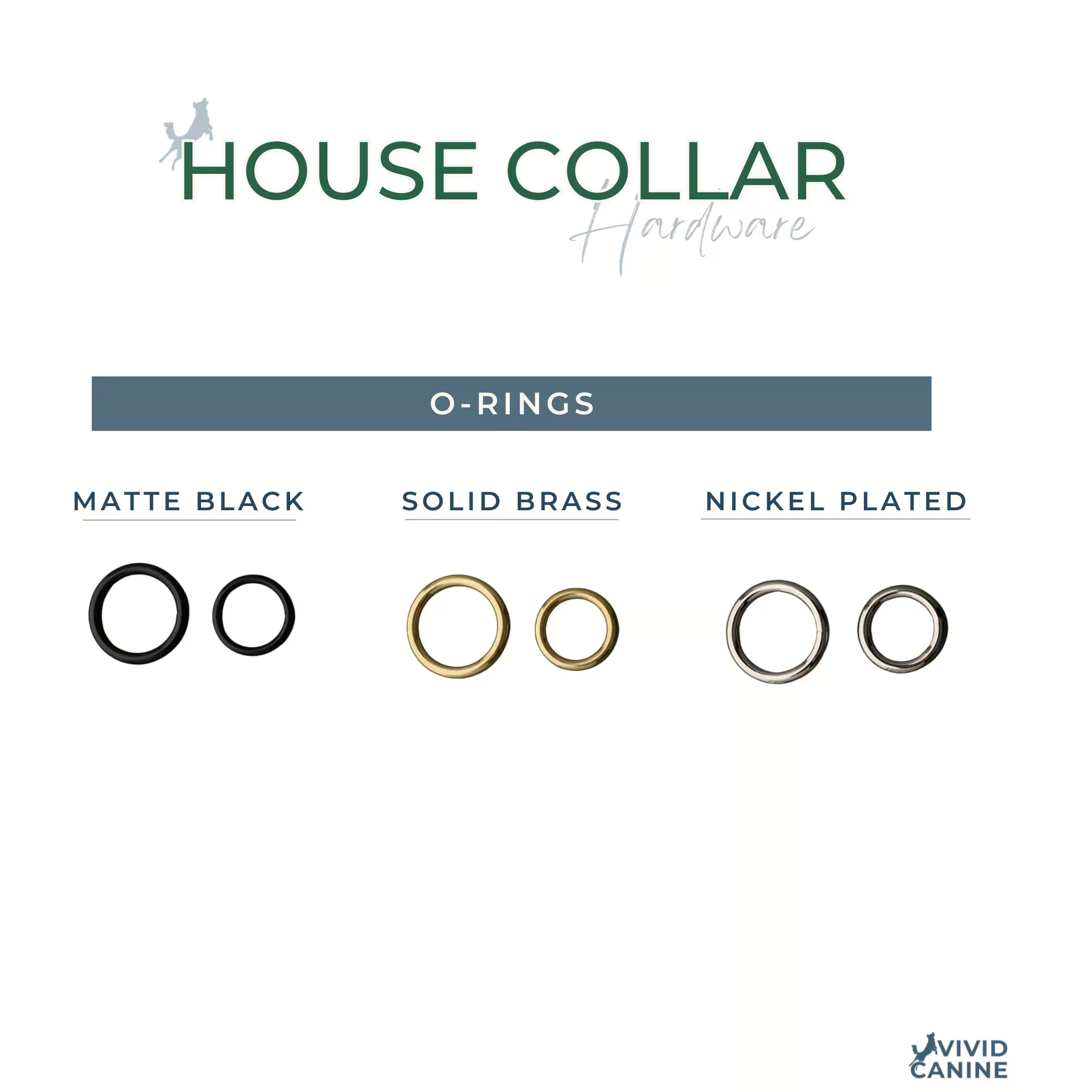 Vivid Canine BioThane® house dog collar hardware options - brass, black, and nickel-plated on a white background