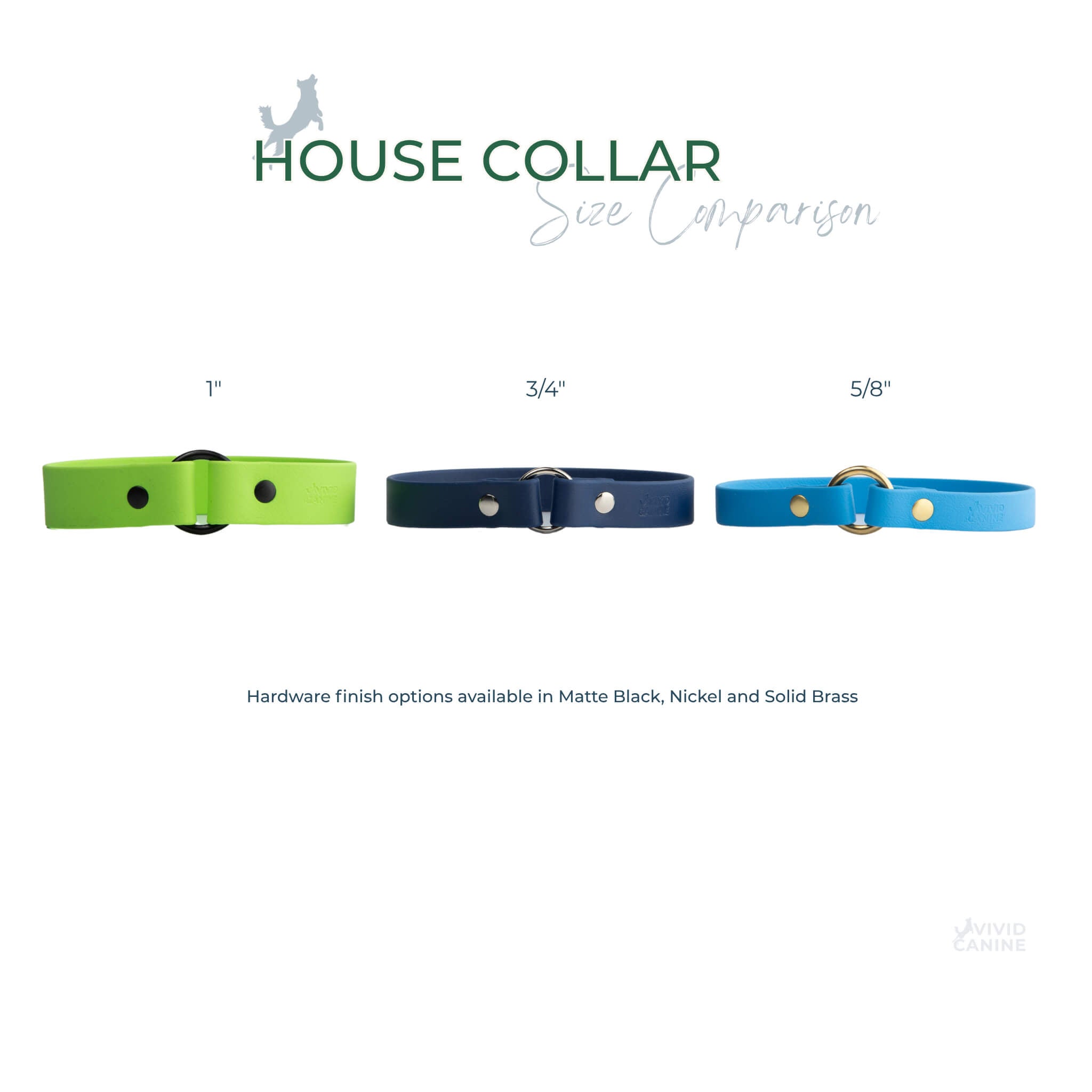 Vivid Canine BioThane® house dog collar size comparison infographic