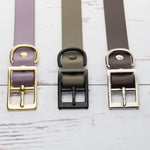 Vivid Canine BioThane® buckle dog collar hardware options - brass, black, and nickel-plated buckles, close-up view